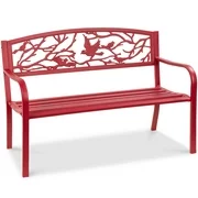 Best Choice Products 50in Steel Outdoor Patio Garden Park Bench Porch Chair Yard Furniture w/ Pastoral Bird Design - Red