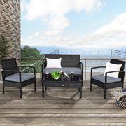 Costway 4 PCS Outdoor Patio Rattan Wicker Furniture Set Table Sofa with Gray Cushions