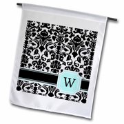 3dRose Letter W personal monogrammed mint blue black and white damask pattern - classy personalized initial - Garden Flag, 12 by 18-inch