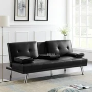 Futon Couch Bed, Modern PU Leather Sofa Sleeper Bed with Armrest, Black Convertible Futon Sofa Bed Recliner Couch w/Metal Legs and 2 Cup Holders for Small Spaces Living Room Bedroom, 600 lbs, L5421