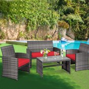 Gymax 4PCS Patio Outdoor Rattan Conversation Furniture Set w/ Red Cushion