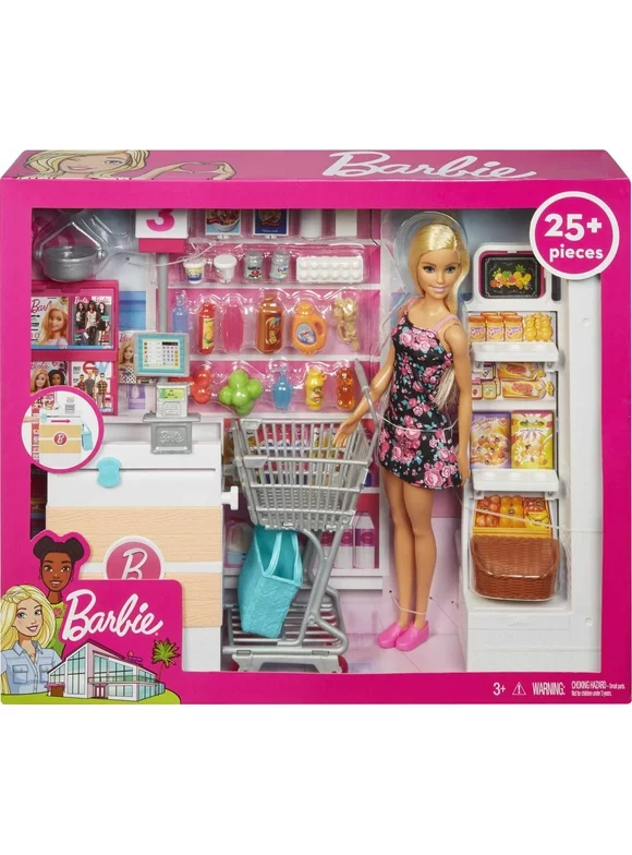 Barbie Supermarket Playset, Blonde Hair, with 25-Grocery Themed Pieces