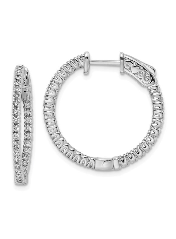 FB Jewels Sterling Silver CZ 60 Stones In and Out Round Hoop Earrings