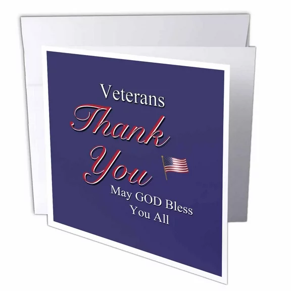 3dRose Thank You Veterans, May God Bless you all. Text art with USA flag in red, white and blue., Greeting Cards, 6 x 6 inches, set of 12