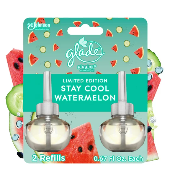 Glade PlugIns Scented Oil Refill, Stay Cool Watermelon Scent, Infused with Essential Oils, Spring Limited Edition Fragrance, Positive Vibes Collection, 0.67 oz, 2 Count