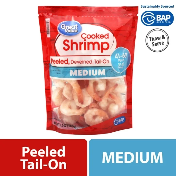 Great Value Frozen Cooked Medium Peeled & Deveined Tail-on Shrimp, 12 oz Bag (41-60 Count per lb)