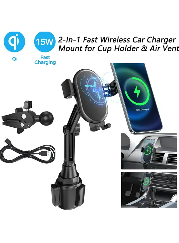 Mpow Wireless Car Charger, 15W Qi Fast Charging Auto-Clamping Car Charger Phone Mount Holder, Cup Holder Phone Mount Air Vent Phone Holder for iPhone 14/13/12/11, Samsung Galaxy S23/S22/S21/S20