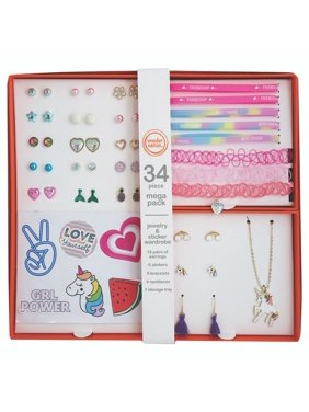 Wonder Nation Jewelry Mega Pack for Girls with Storage Tray, 34 Piece Set with Earrings, Necklaces and Stickers