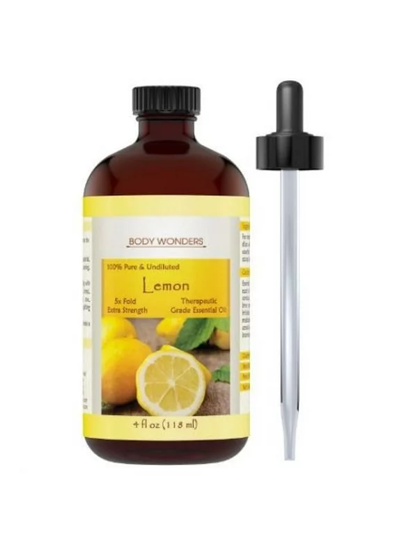 Body Wonders Lemon Oil "Body Wonders 100% Pure Lemon Essential Oil 4 oz - Made from Real Lemon peels - Ideal for Aromatherapy Diffuse, Skin Care, Hair Care & for DIY Cleaning Products for Wood "