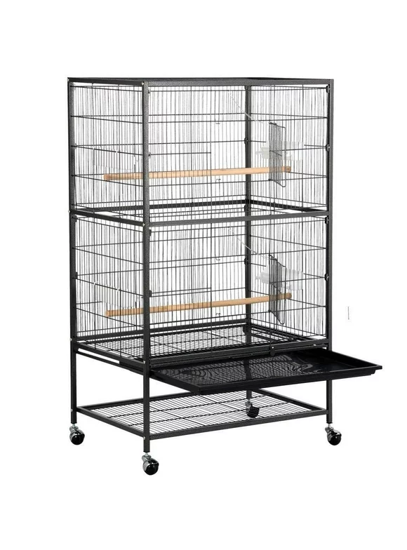 Yaheetech 52''Bird Cage Large Wrought Iron Flight Cage with Rolling Stand+2 Doors+4 Feeder Trays+2 Perches for Parrot Cockatiel Cockatoo Parakeet Finches