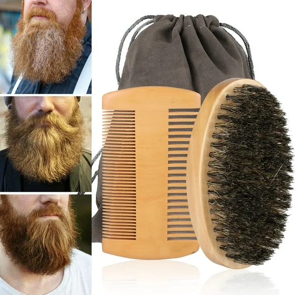 Men Boar Bristle Brush Beard Comb Mustache Wood Shaving Tool Hair Face Cleaning