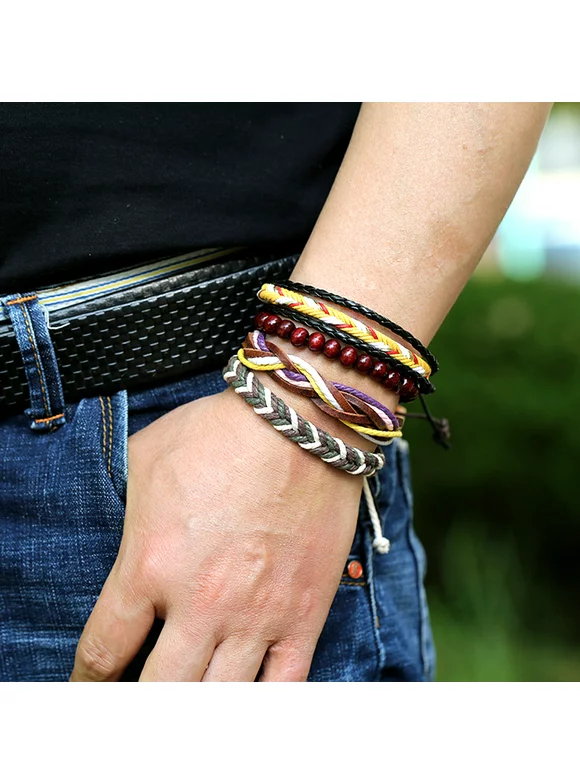 Ayyufe Men Leather Bracelets Pack Of 4 Men Leather Adjustable Braided Rope Bangle Bracelet Wrist