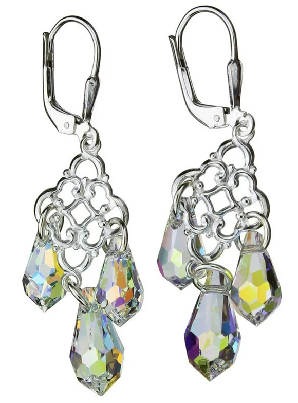Sterling Silver Floral Link Leverback Earrings Aurora Borealis Teardrop Made with Swarovski Crystals