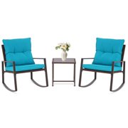 SUNCROWN Outdoor Patio Rocking Bistro Sets 3-Piece : Brown Wicker Furniture-Two Chairs with Glass Coffee Table (Blue Cushion)