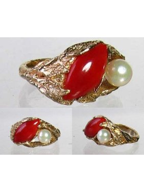 Natural Red Coral & Pearl Carved Solid 14K Yellow Gold Ring | Size 5.75 |