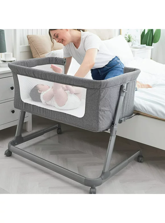 Pamo Babe Unisex Bedside Sleeper Infant Bassinet with Wheels and Floding Frame (Grey)