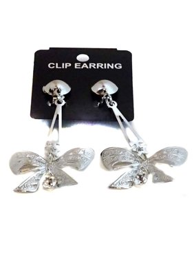 Clip-on Earrings Ribbon Bow Dangle Silver Tone Earrings 2.5 in L