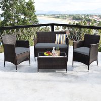 Goplus 4-Piece Rattan Patio Furniture Set Cushioned Sofa Chair Coffee Table Garden Grey