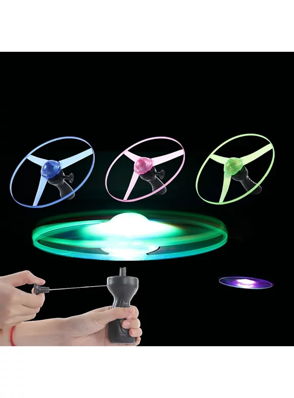 LED Light up Spinning Flying Disc Saucer Pull String Kids Toy Party Supplies