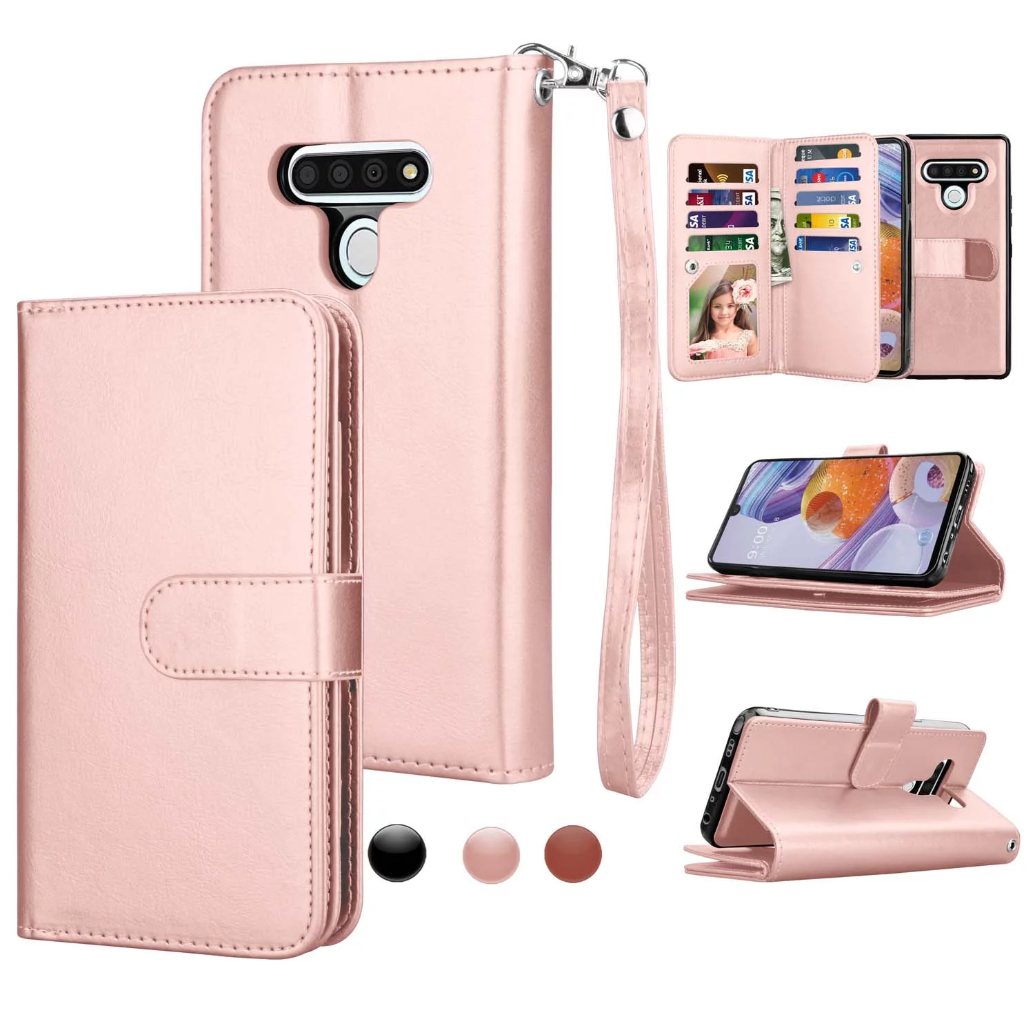 6.8" LG Stylo 6 Wallet Case, LG Stylo 6 PU Leather Case, Njjex Luxury PU Leather 9 Card Slots Holder Carrying Folio Flip Cover [Detachable Magnetic Hard Case] & Kickstand & Hand Strap -Rose Gold