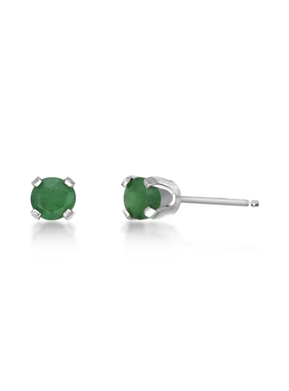 14K White Gold Round Emerald Stud Earrings - 4mm - May Birthstone Christmas Gift