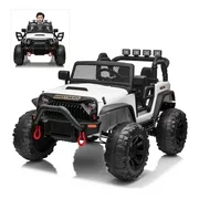 24V Kids Electric Ride On Car with Remote Control, 200W Ultra Powerful Motors Off-Road Truck for Boys Girls, Bluetooth, MP3, Working Lights, Pull Handle, 4 Wheels Suspension, White