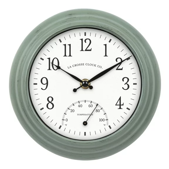 La Crosse 8" Sage Green Indoor/Outdoor Classic Quartz Analog Clock with Temp, 433-3020