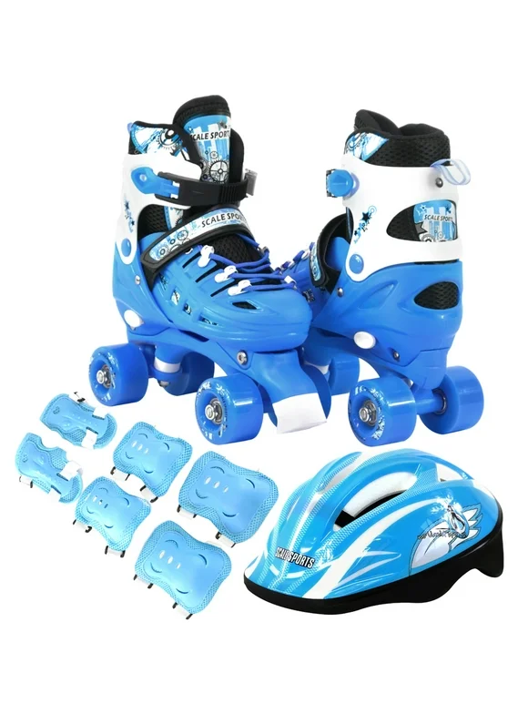 Kids Quad Skates Combo Set 6 PCS Protective Gear Helmet Durable Safe Outdoor Roller Sky Blue Size Small