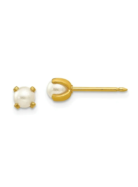 Solid 14k Yellow Gold 4mm Simulated Pearl Studs Ear Piercing Earrings 4mm