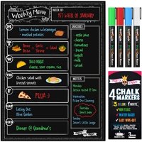 Magnetic Dry Erase Menu Board for Fridge Includes 4 Liquid Chalk Markers - Weekly Meal Planner Blackboard, Grocery List and Notepad for Kitchen Refrigerator - Multicolored Chalk - Chalkboard Magnet