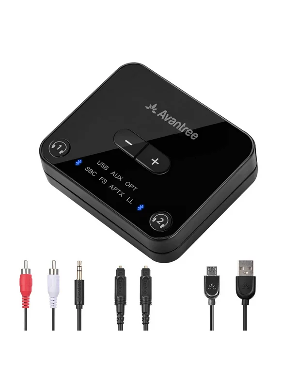 Avantree Audikast Plus Bluetooth 5.0 Transmitter for TV with Volume Control, aptX Low Latency Audio Adapter for 2 Headphones (Optical, AUX, RCA, USB), Class 1 Long Range 100ft - No Receiver