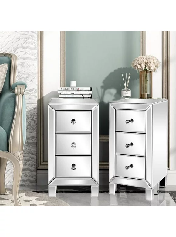 UBesGoo Set of 2 Mirrored 3-Drawer Nightstand Bedside Table End Table Hollywood Regency Glamour Style, Silver