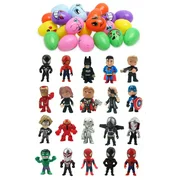24 Pcs Printed Easter Eggs with Assorted 20 Pcs Superhero Mini Action Figures. Perfect for Your Easter Eggs Hunting, Basket, Decoration, Gift!