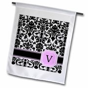 3dRose Personal initial V monogrammed pink black and white damask pattern girly stylish personalized letter - Garden Flag, 12 by 18-inch