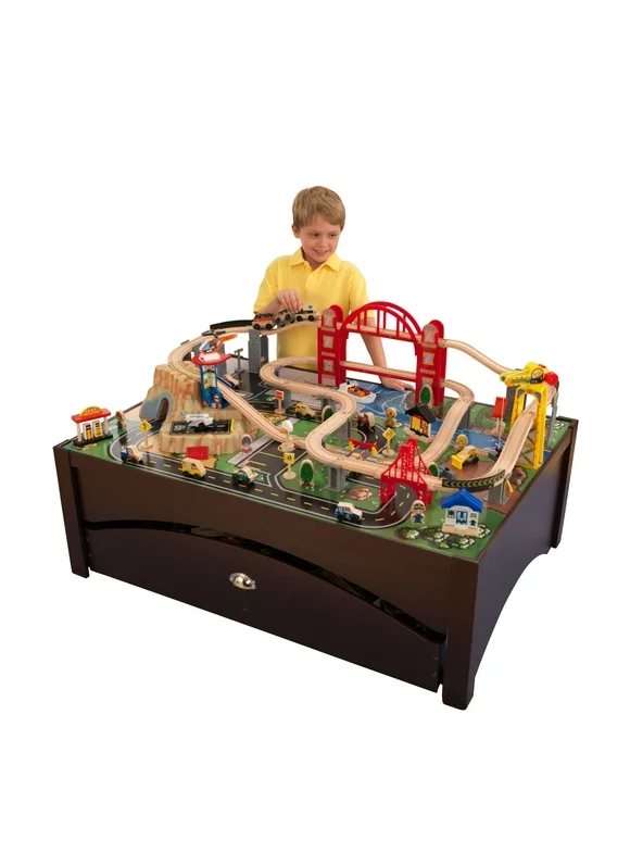 KidKraft Metropolis Wooden Train Set & Table with 100 Pieces and Storage Drawer, Espresso