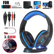 Gaming Headset fits for PS4 PC Xbox One Headset with Microphone Noice Cancelling Stereo Surround Sound Headphone with LED Light and Intense Bass fits for PC Laptop Mac (Black Blue)
