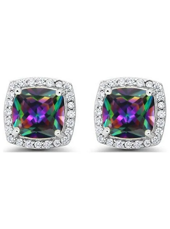 Paris Jewelry 18k White Gold 4Ct Created Halo Princess Cut Mystic Topaz Stud Earrings Plated