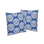 Alisa Outdoor 18" Water Resistant Square Pillows, Set of 2, Beige on Blue Damask Pattern