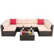 Walnew 7 Pieces Patio Conversation Sets Outdoor Sectional Sofa Set PE Wicker Rattan Sectional Seating Group with Cushions and Glass TableBeige
