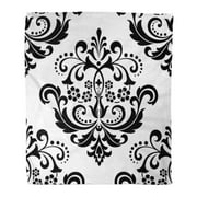 SIDONKU Throw Blanket Warm Cozy Print Flannel Baroque Damask Floral Pattern Royal Flowers on Black and White Antique Gothic Comfortable Soft for Bed Sofa and Couch 58x80 Inches