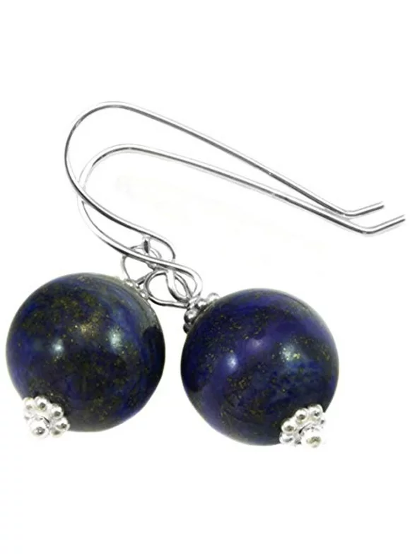 Sterling Silver Lapis Lazuli Earrings Blue Smooth Round Cut Simple Drops Beaded And Pyrite Accents Designed for Adult Women and Teen Girls