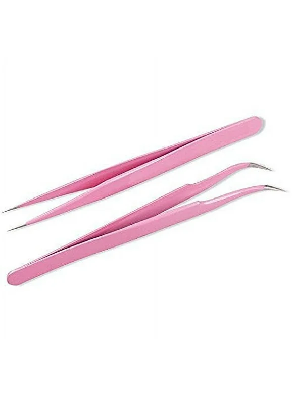 2 Pcs Pink Stainless Steel Tweezers for Eyelash Extensions, Straight and Curved Tip Tweezers Nippers, False Lash Application Tools