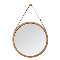 Bamboo Wall Mirror Round Hallway Mirror Bathroom Mirror with Adjustable Leather Strap 38Cm