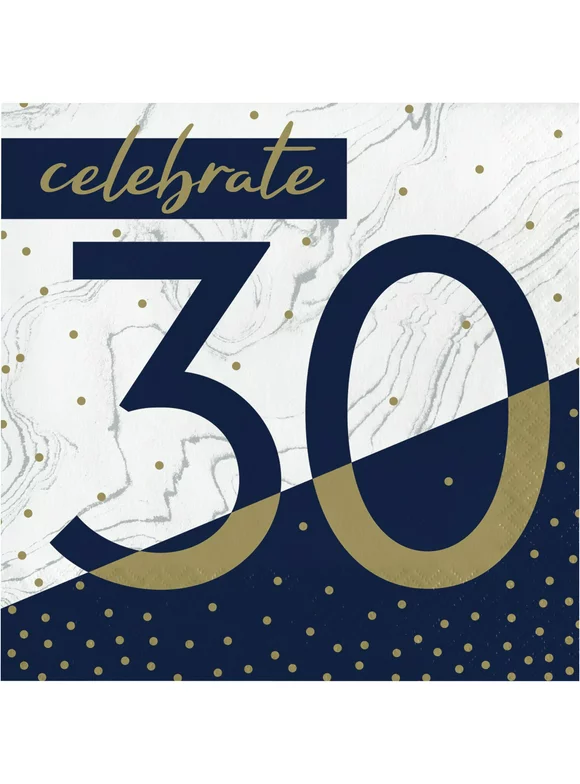 Navy and Gold 30th Birthday Napkins 6.5" x 6.5" Folded Luncheon Napkin, 30,Pack of 16