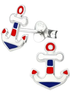 Hypoallergenic Sterling Silver Tropical Beach Vacation Earrings for Kids - Striped Anchor