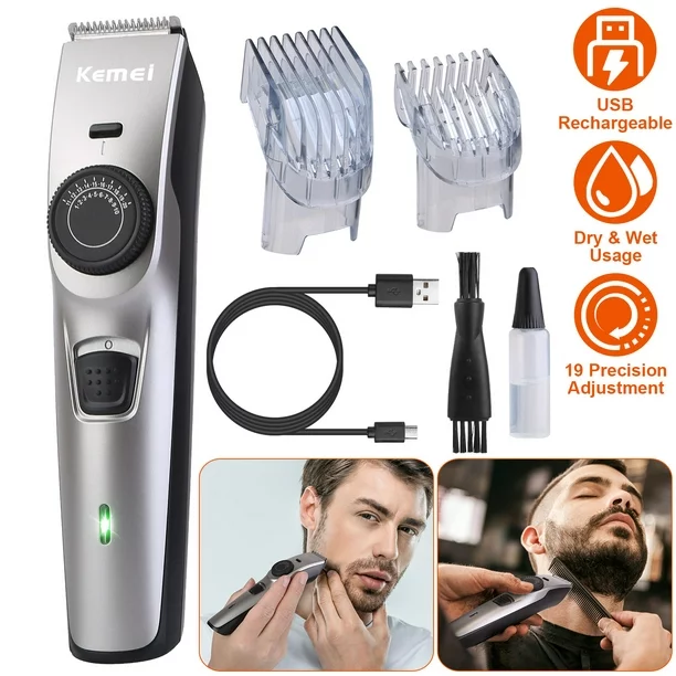 Electric Trimmer for Men, KEMEI USB Rechargeable Beard Grooming Kit, Electric Razor Hair Clipper with Precision Dial