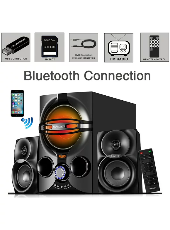 Boytone BT-424FN, 2.1 Bluetooth Powerful Home Theater Speaker Systems, FM Radio, SD Slot, USB Port, MP3 Format, Digital Play Back, 40 Watts, RGB Light, Remote Control, for Smartphone, Tablet