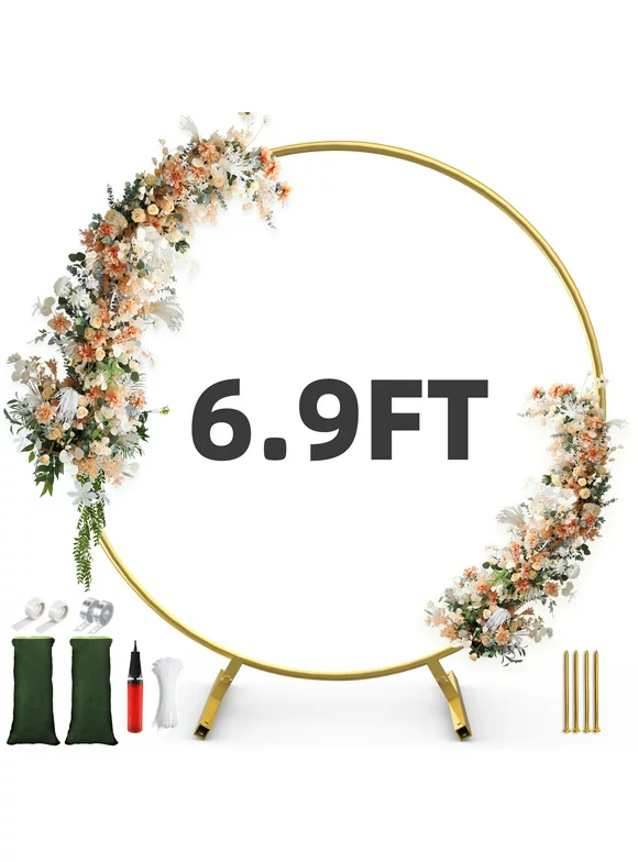 Firstness Round Wedding Archs, 6.9FT Metal Large Backdrop Stand for Garden Arbor Wedding Birthday Party Baby Shower Bar Mitzvah DIY Decoration, Gold (No Flowers)