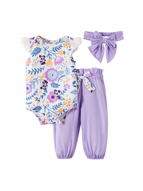 Patpat Baby Girl 2-piece Floral Romper and Flounced Pants Sets With Headband