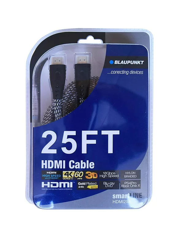 25 ft. 4K HDMI Cable High Speed Braided for TV, Gaming Consoles, PC, Laptop, Projectors and More by BLAUPUNKT